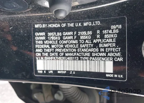 2019 Honda Civic Sport Touring из США, поврежденный, VIN SHHFK7H92KU400113